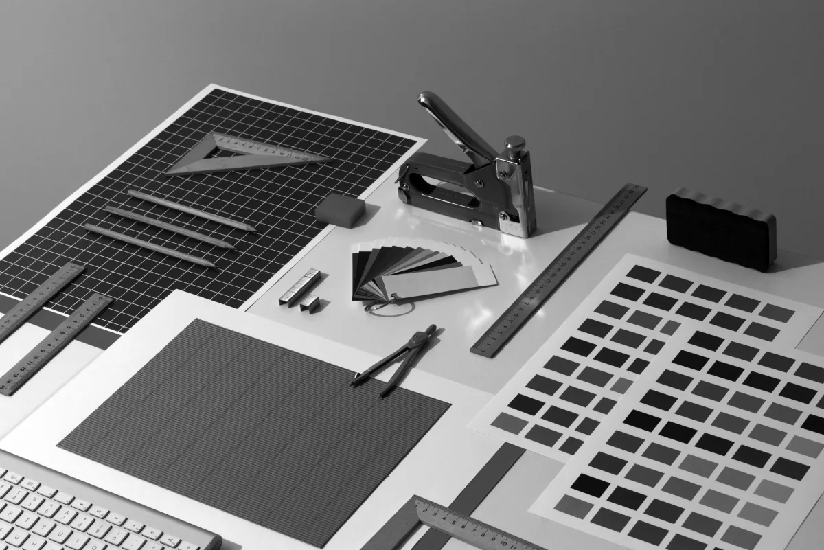 A designer's workspace with a drawing tablet and keyboard