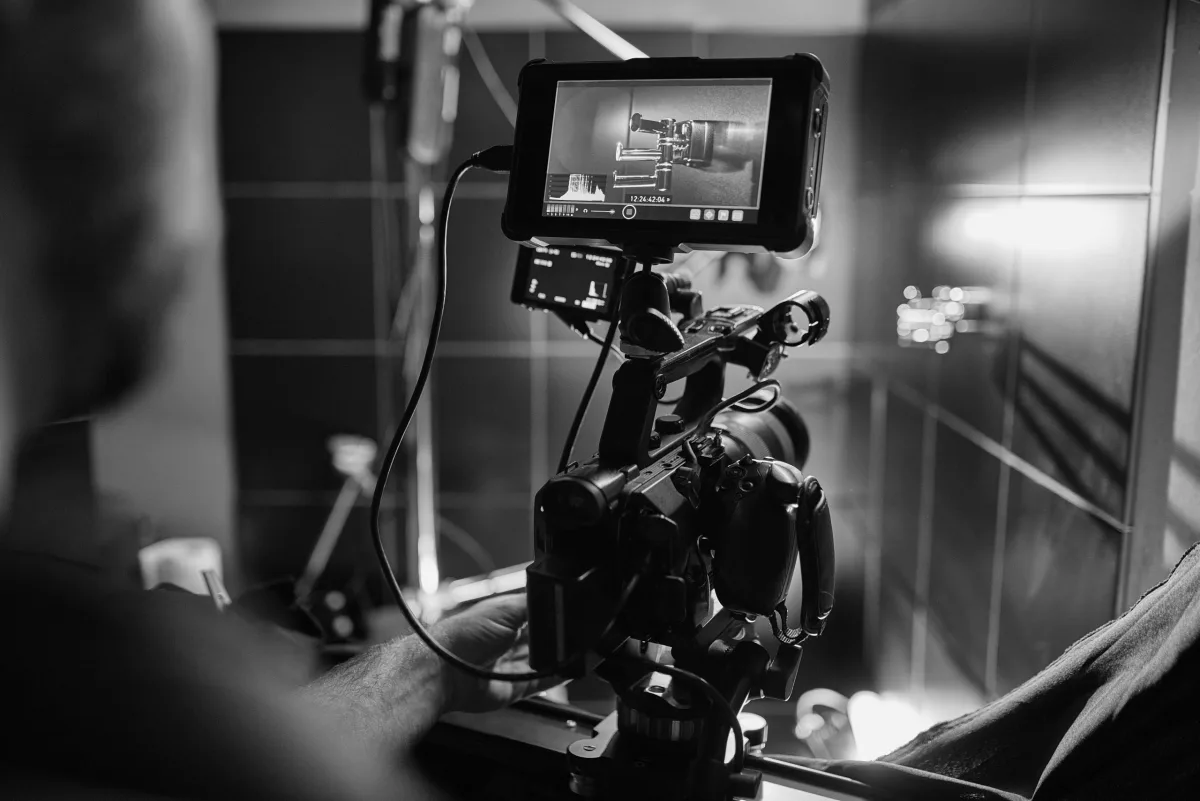 A cinema camera rigged on set